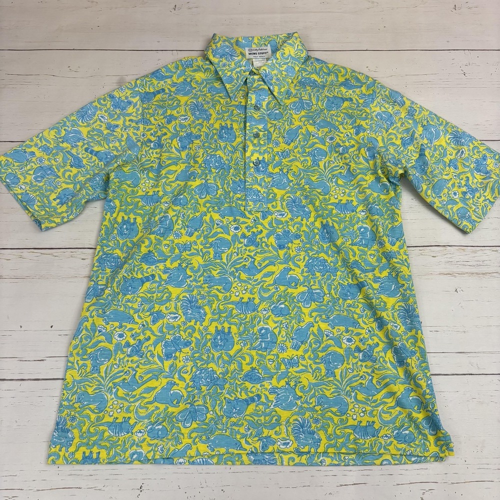 Vintage Lilly Pulitzer Mens Stuff Polo Shirt Mens L Yellow Blue Palm Beach - Picture 2 of 6